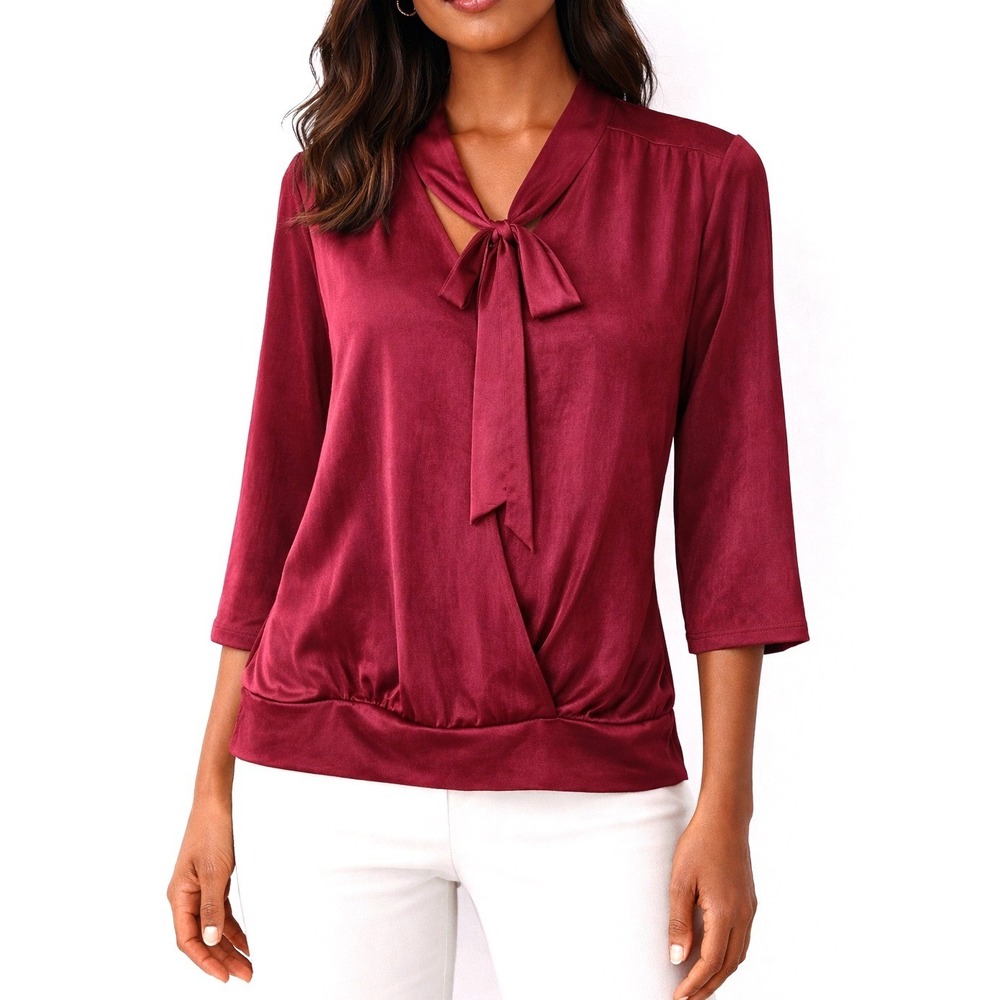 Tie Neck Faux Wrap Blouse Office .Medium. Alfani Women Burgundy Office‎ Lux